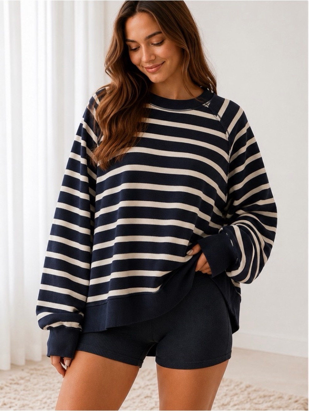 Aerie Navy & White Striped Oversized Relaxed terry Sweatshirt Top L